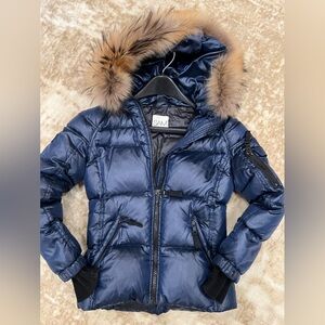 GIRLS SAM. FAUX FUR HOODED PUFFER JACKET DARK NAVY SIZE 10